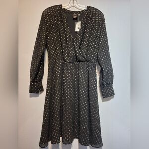 Reitmans Black Long-Sleeve V-Neck Dress with Gold Dot Detail